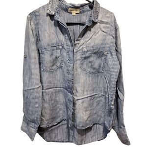 Anthropologie Cloth & Stone Women L White Blue Cotton Split-Back Button Up Shirt